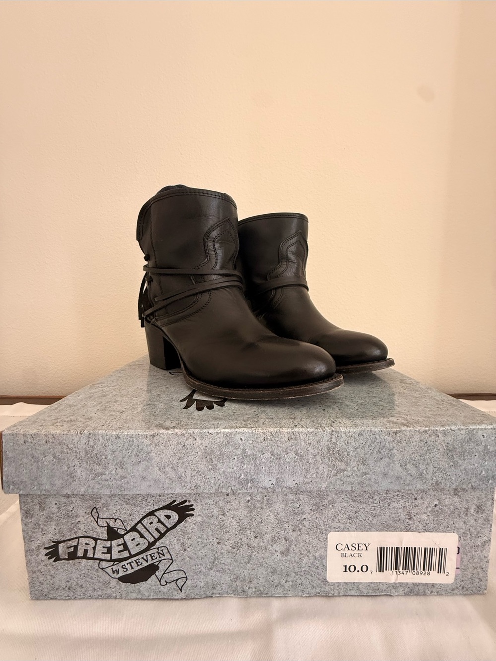 Freebird by Steven Casey Black Leather Ankle Booties with Wrap Strap